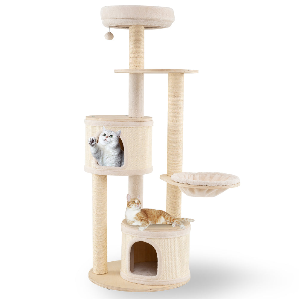 Wooden kitten tower with sisal scratching posts, two condos, and a comfy top perch for playful cats.