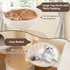 Cozy basket and large top perch with thick padding on a wooden kitten tower for lounging and relaxing.