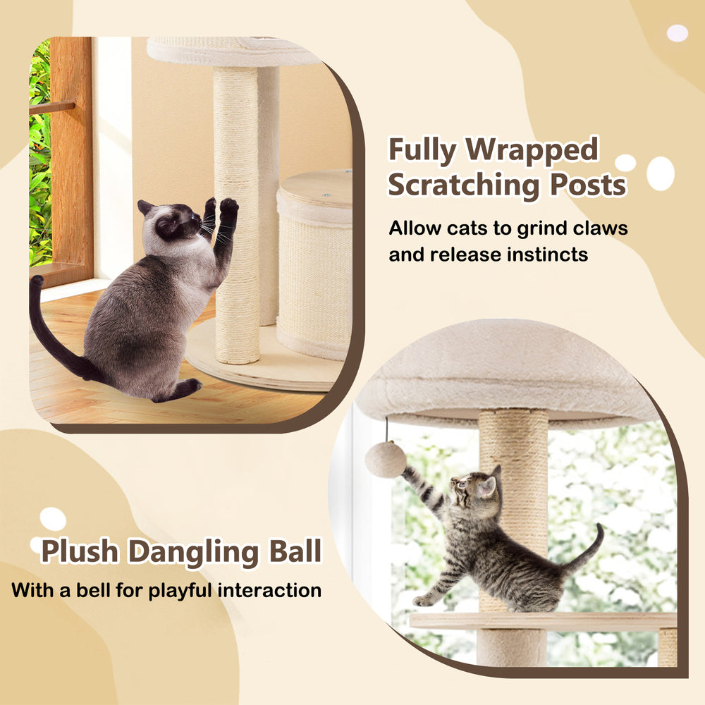 Wooden kitten tower with sisal scratching posts and plush dangling ball, perfect for playful interaction and claw.
