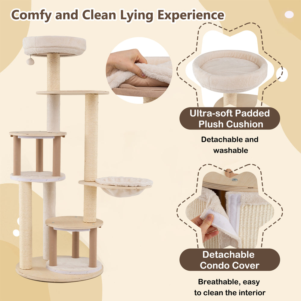 Wooden kitten tower with sisal scratching posts, featuring two condos and an ultra-soft padded cushion for comfort.