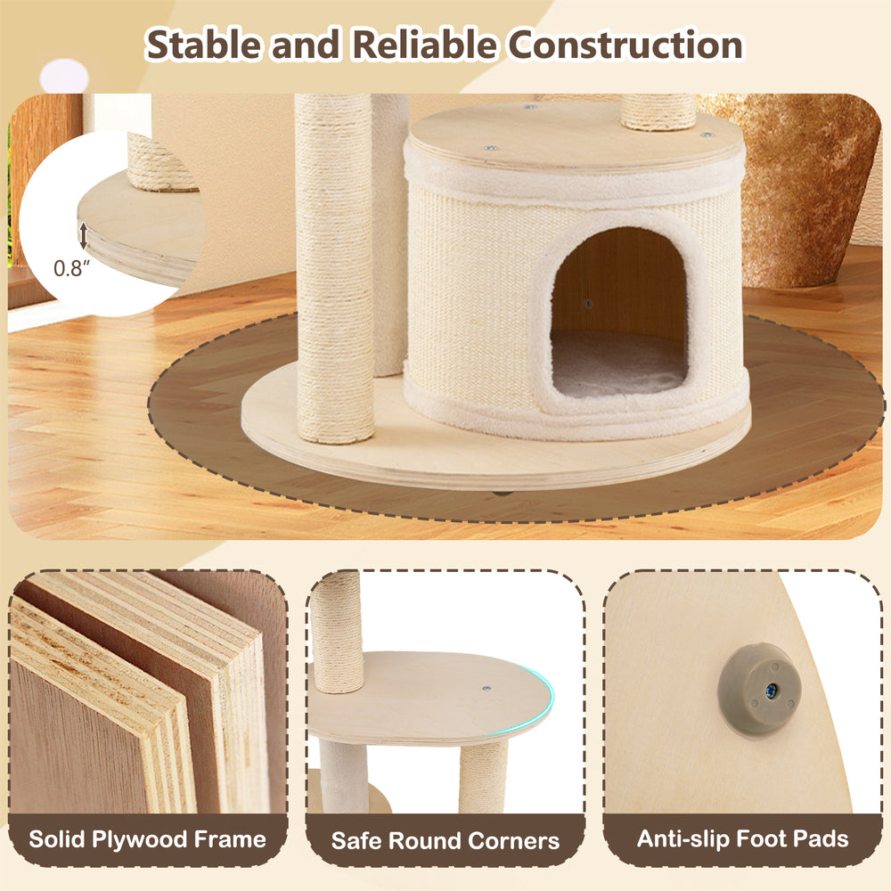 Wooden kitten tower with solid plywood frame, sisal scratching posts, and two condos for secure resting spots.