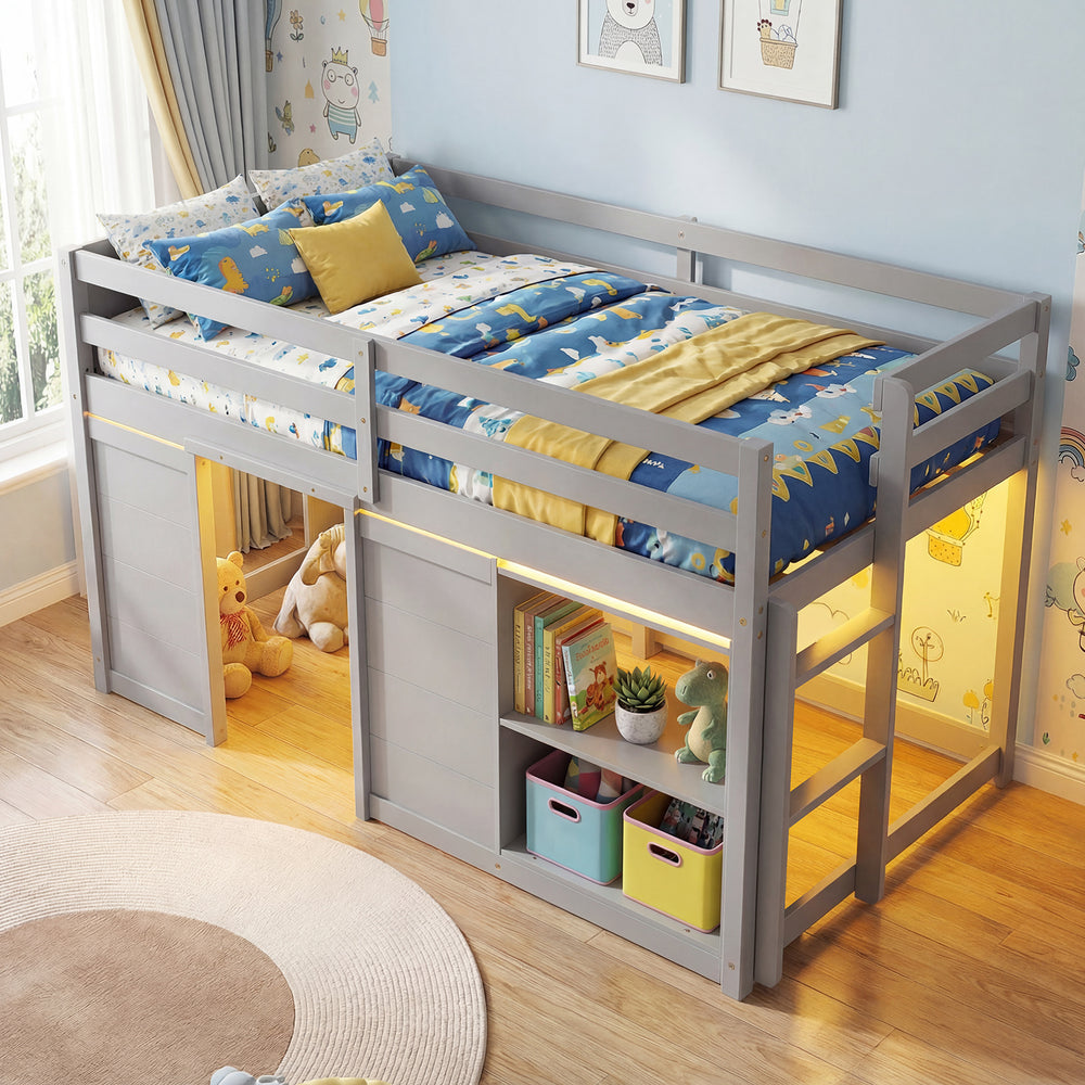Wooden low kids loft bed in gray with LED lights, spacious under-bed area, and two doors for storage and play.