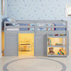 Wooden low kids loft bed in gray with LED lights, under-bed play area, and ample storage for toys and books.