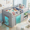 Wooden low kids loft bed in gray with LED lights, spacious under-bed area, and ample storage for toys and books.
