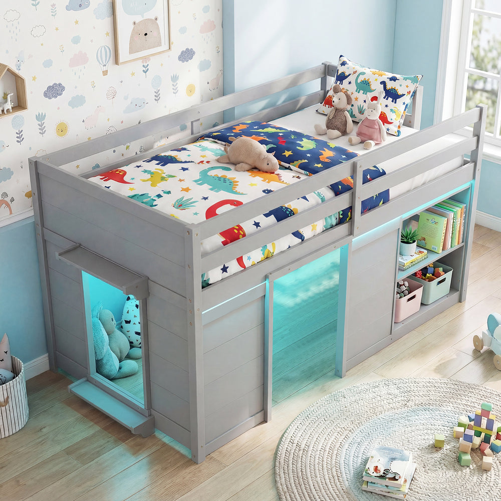 Wooden low kids loft bed in gray with LED lights, spacious under-bed area, and ample storage for toys and books.