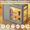 Wooden low kids loft bed in gray with 2-tier storage shelves, LED lights, and ample under-bed space for toys and books.