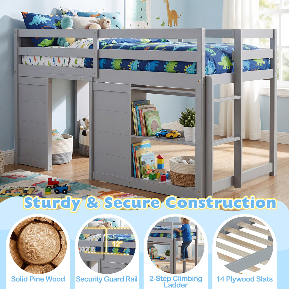 Wooden low kids loft bed in gray with LED lights, security guard rail, and under-bed storage for playtime.