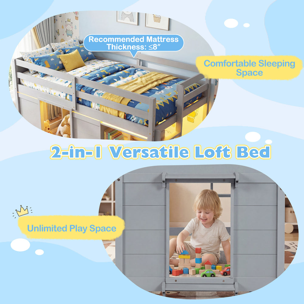 Wooden low kids loft bed in gray with LED lights, spacious under-bed play area, and safety guard rail for secure.