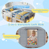 Wooden low kids loft bed in gray with LED lights, spacious under-bed play area, and safety guard rail for secure.