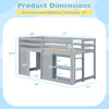 Wooden low kids loft bed in gray with dimensions, featuring LED lights and under-bed storage for playtime.