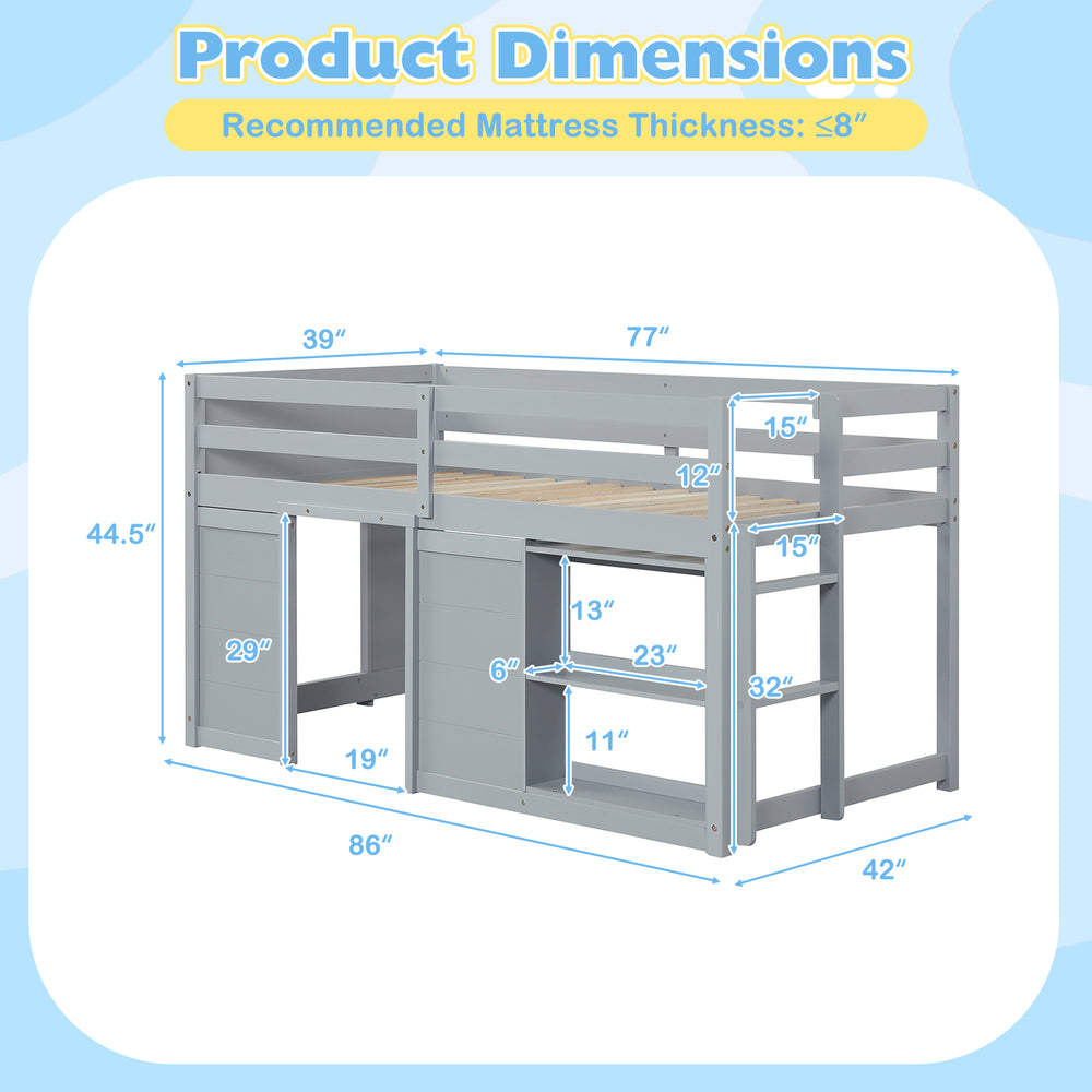 Wooden low kids loft bed in gray with dimensions, featuring LED lights and under-bed storage for playtime.