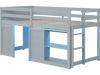 Gray wooden low kids loft bed with LED lights, spacious under-bed area, and two doors for storage and play.