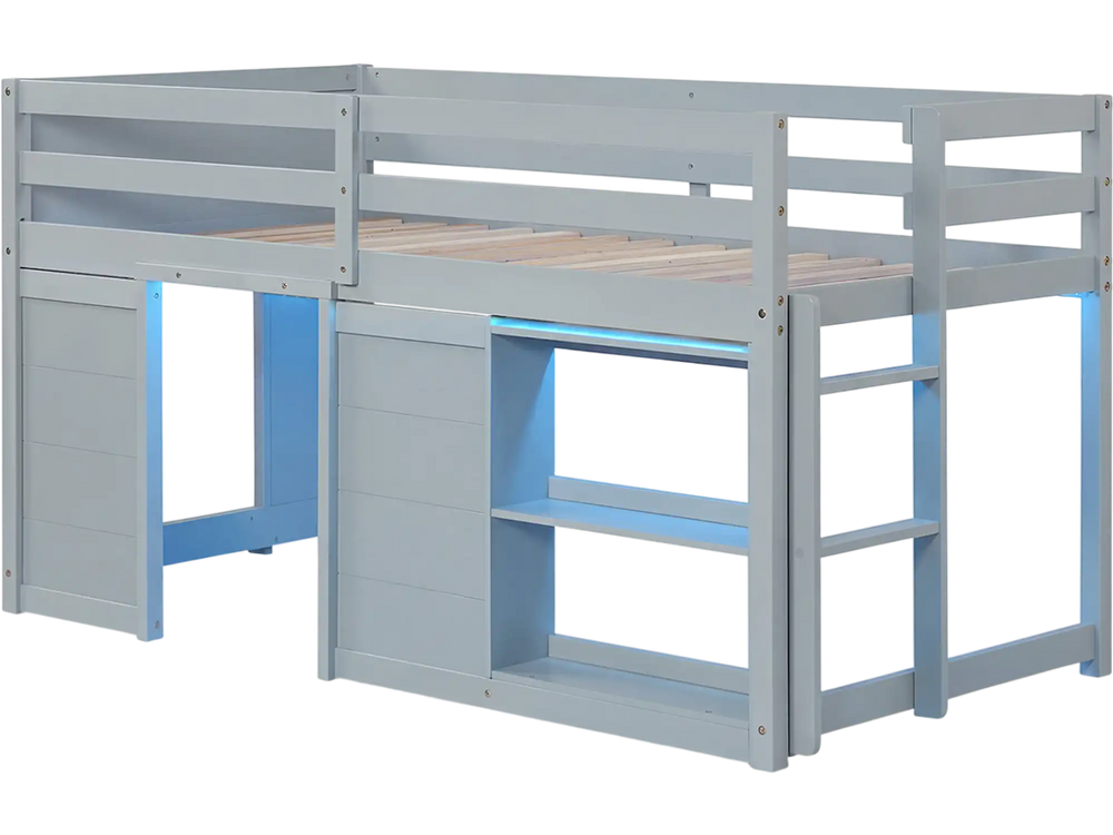 Gray wooden low kids loft bed with LED lights, spacious under-bed area, and two doors for storage and play.