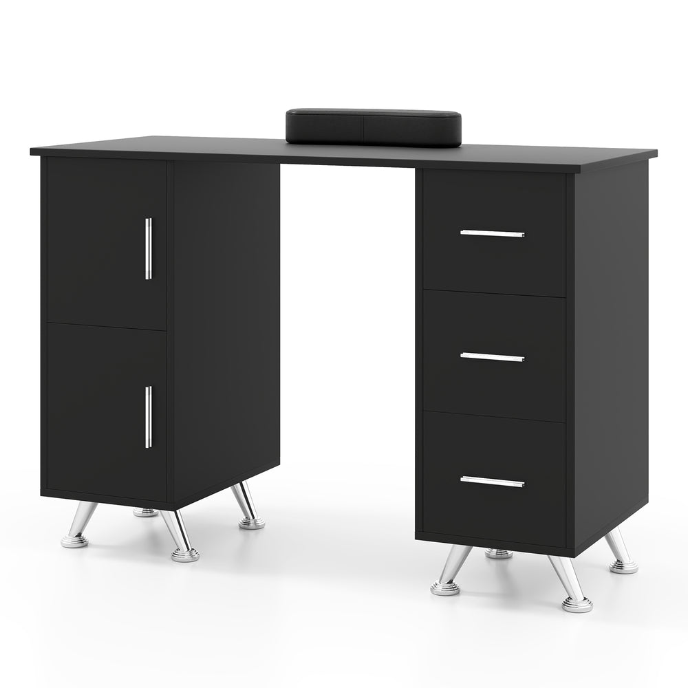 Black wooden manicure table with 2 cabinets, 3 drawers, and a comfortable wrist rest for nail salons or home use.
