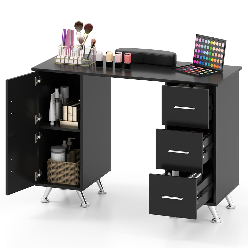 Black wooden manicure table with 2 cabinets, 3 drawers, and wrist rest, ideal for nail salons and home use.
