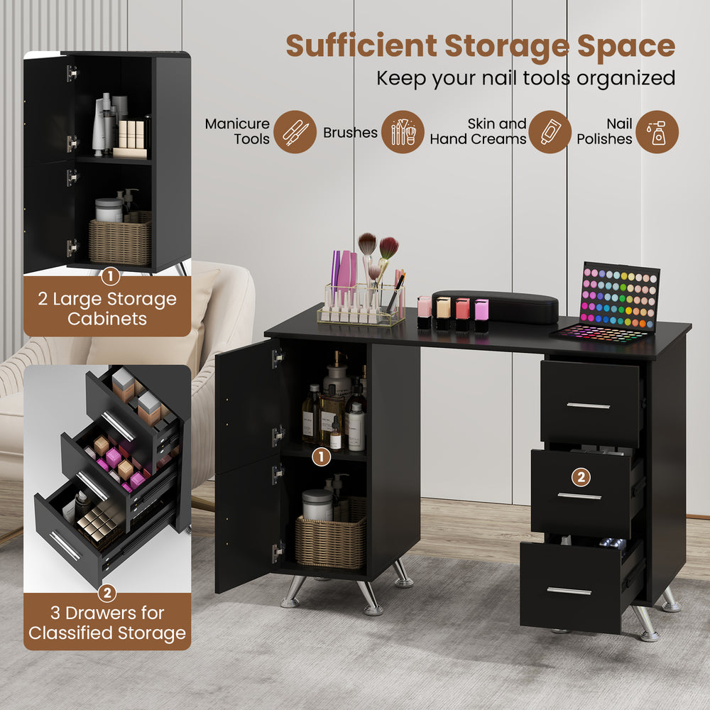 Wooden manicure table in black with 2 cabinets and 3 drawers, featuring a comfortable wrist rest for organized nail.
