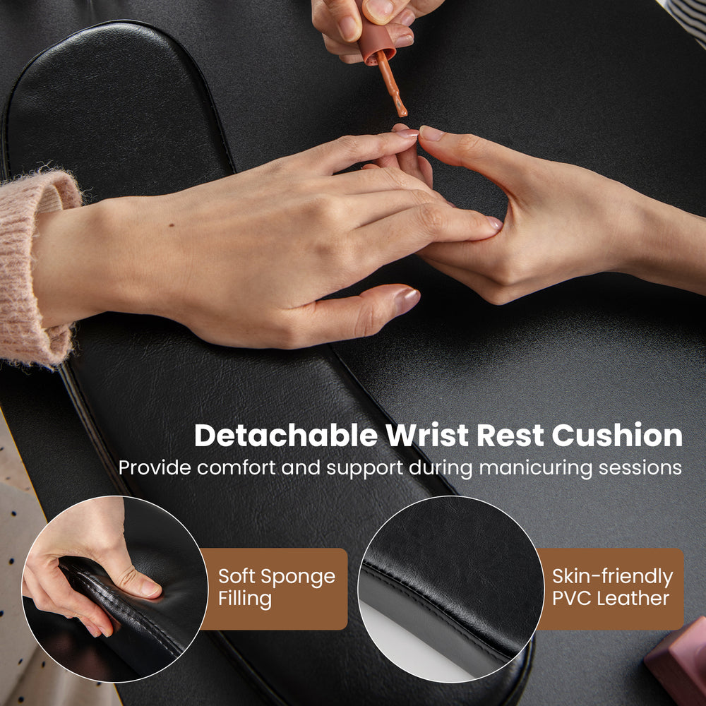 Detachable wrist rest cushion with soft sponge filling and PVC leather for comfort during manicuring sessions.