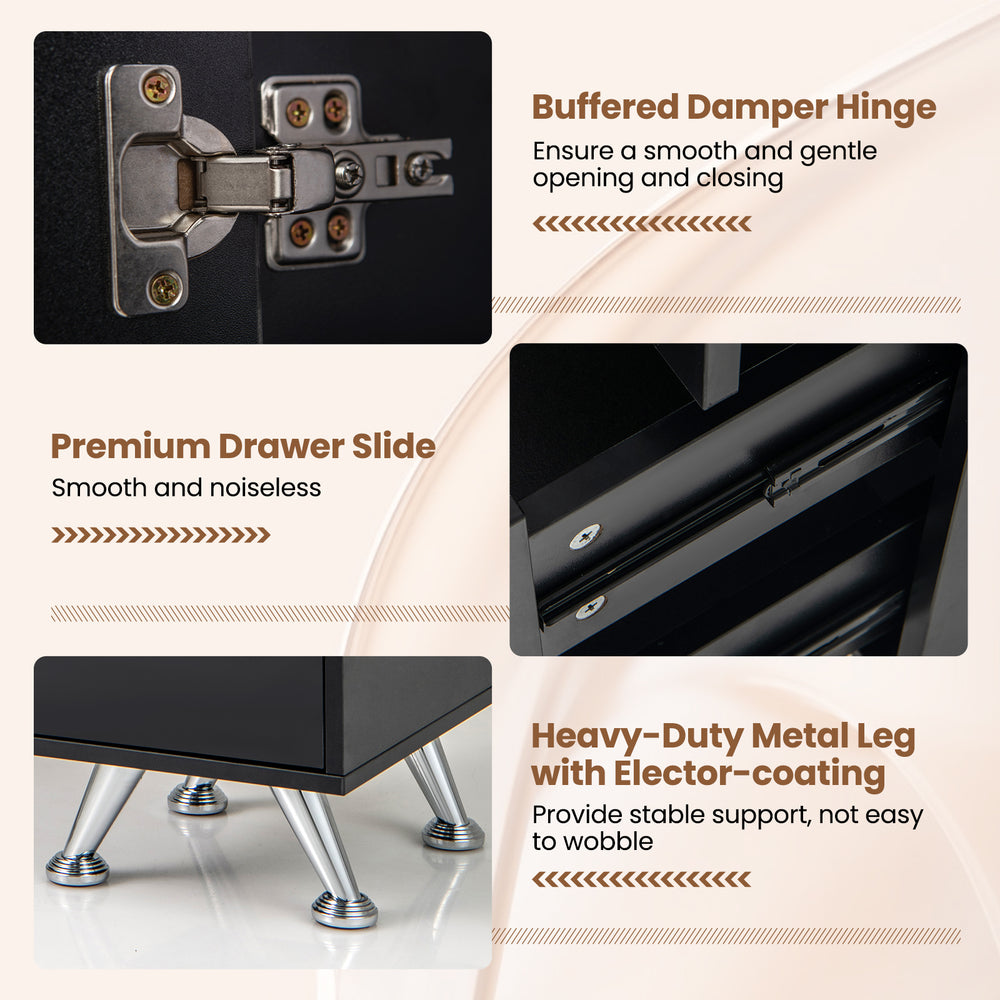 Close-up of the buffered damper hinge on a black wooden manicure table, ensuring smooth drawer operation.