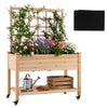 Wooden mobile raised garden bed with trellis, natural fir construction, and wheels for easy mobility, ideal for outdoor.