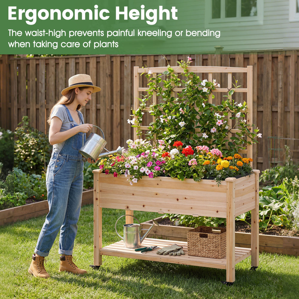 Wooden mobile raised garden bed with trellis, 33" height for ergonomic gardening, ideal for outdoor planting and.