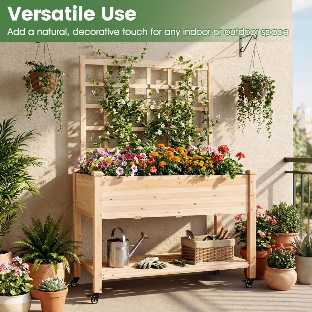 Wooden mobile raised garden bed with trellis, natural fir, on wheels for easy mobility in indoor or outdoor spaces.