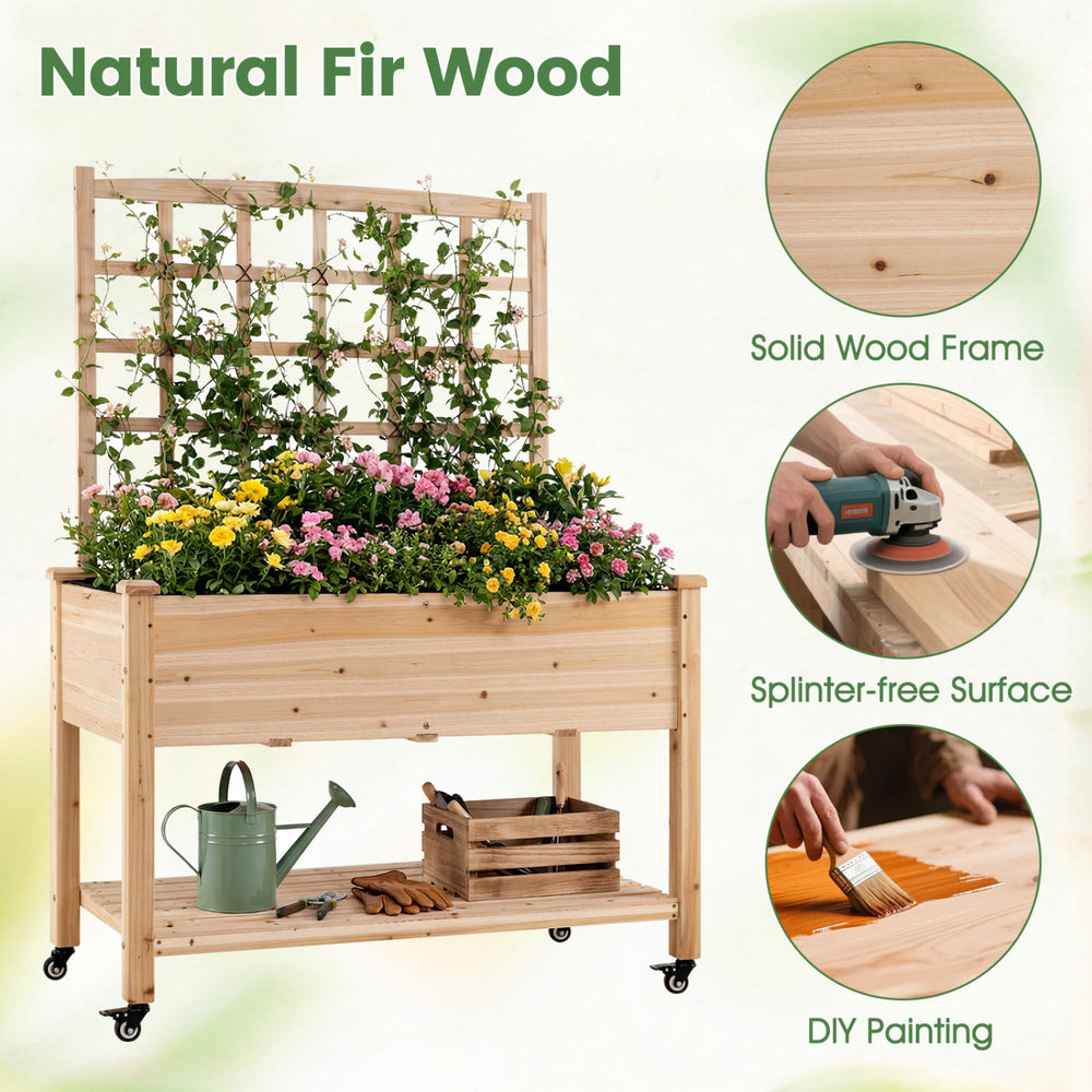 Wooden mobile raised garden bed with trellis, natural fir construction, and wheels for easy mobility in outdoor spaces.