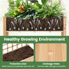Wooden mobile raised garden bed with trellis, featuring drainage holes and protective liner for healthy plant growth.