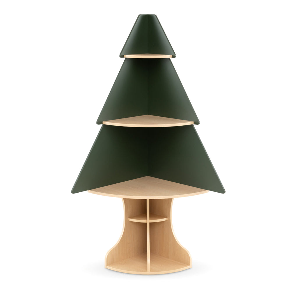 Wooden Montessori corner tree bookshelf in green features a unique design with rounded edges for safe, accessible storage.