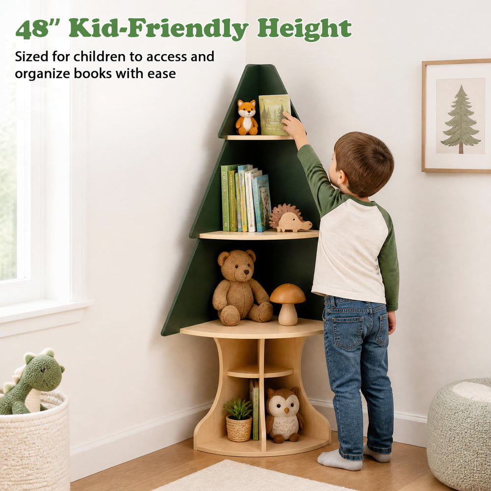 Wooden Montessori corner tree bookshelf in green, designed for kids to easily access and organize books and toys.