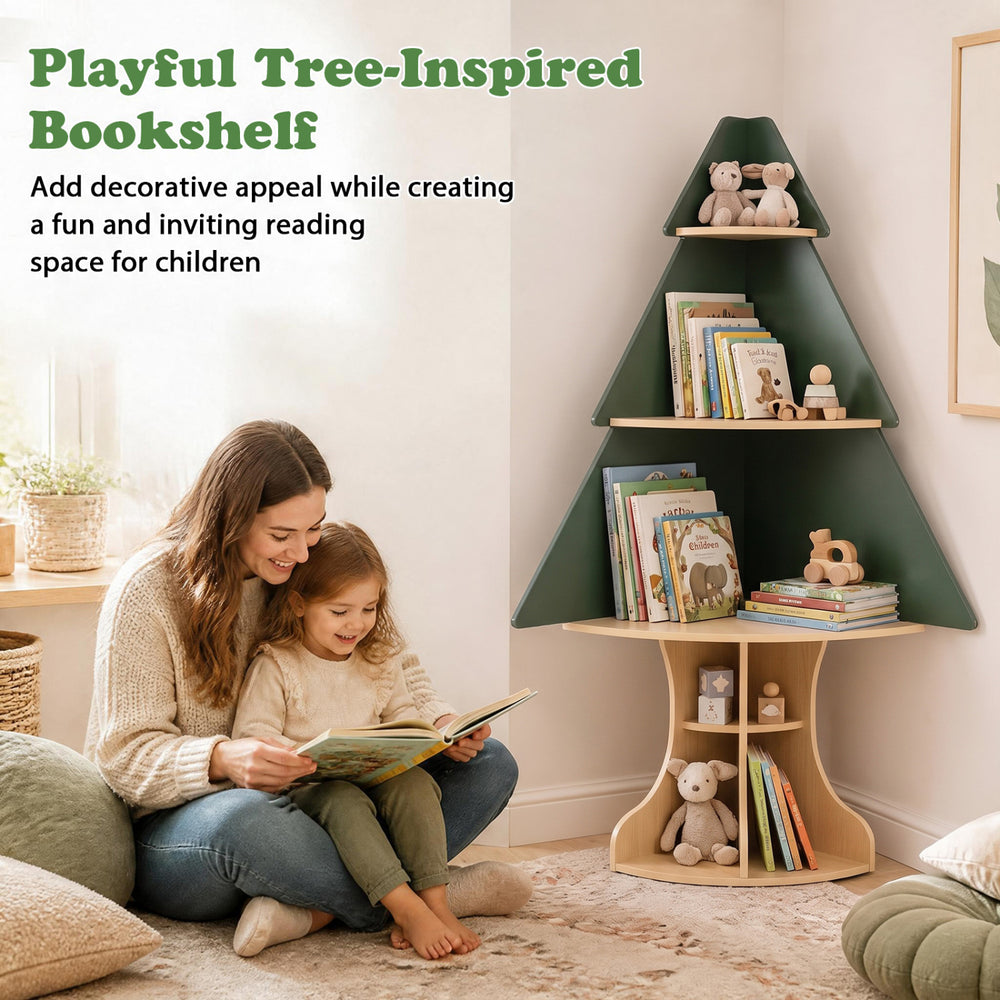 Tree-shaped wooden Montessori bookshelf in green, designed for kids to organize books and toys while maximizing corner space.