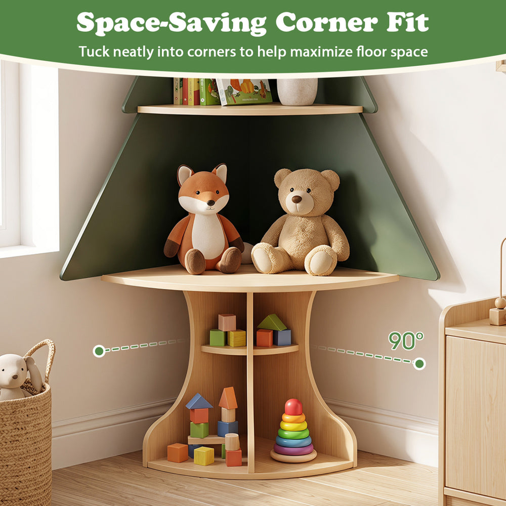 Wooden Montessori corner tree bookshelf in green features multiple compartments for organized toy and book storage.
