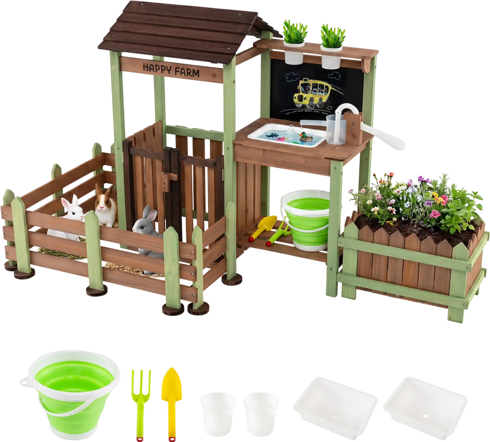 Fir Wood Mud Farm Playset with Planter Box Lockable Yard and Faucet for 3+ Kids
