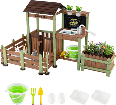 Costway Kids Fir Wood Mud Farm Playset Planter Box Lockable Yard Faucet 48403414 New