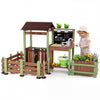 Kids engaging with the Fir Wood Mud Farm Playset's elevated planter box and gardening tools for hands-on learning fun.