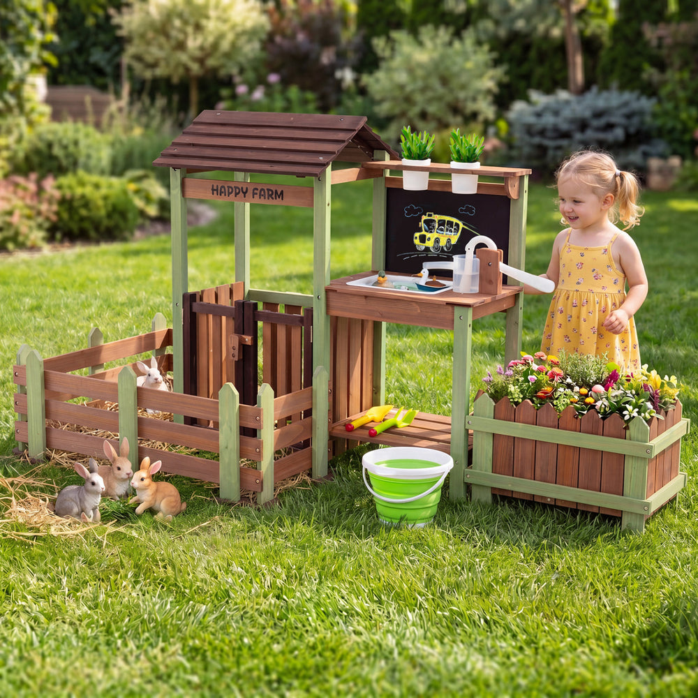 Close-up of the Fir Wood Mud Farm Playset's lockable yard and fence, providing a secure space for children's.