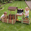 Fir wood mud farm playset with lockable yard, faucet, and planter box for kids aged 3+, promoting hands-on gardening.