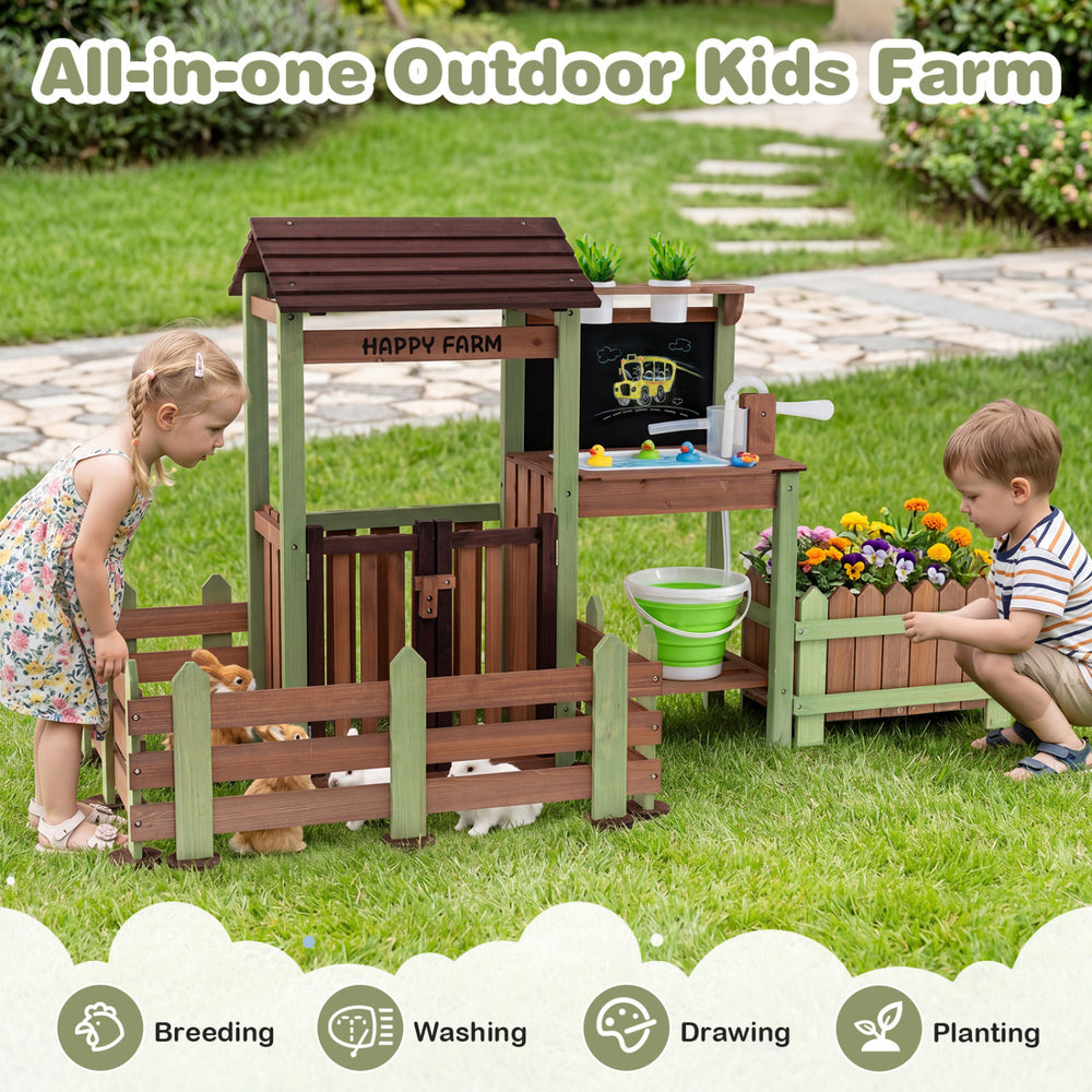 Fir wood mud farm playset with planter box, faucet, and chalkboard for kids aged 3+, promoting hands-on learning and.