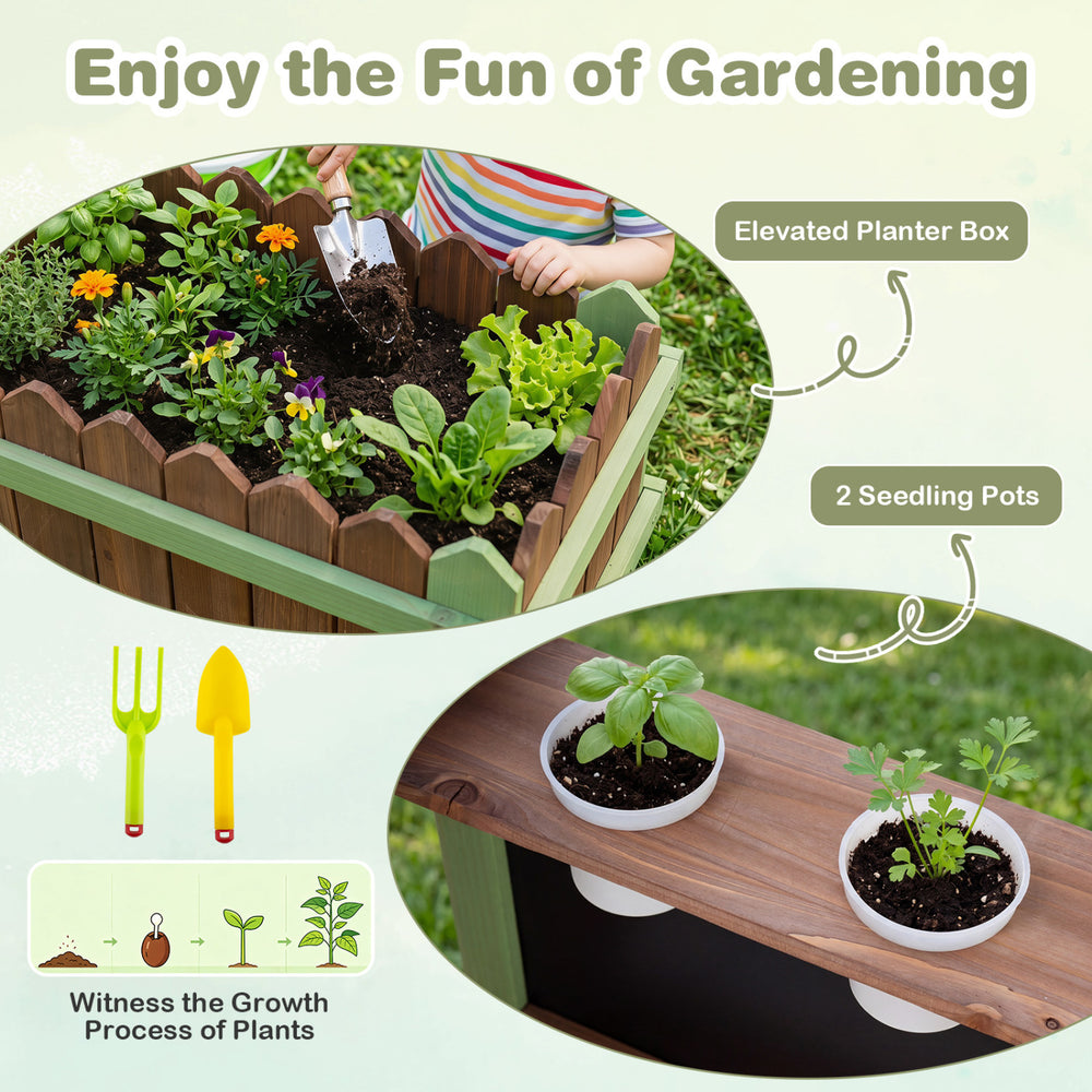 Elevated planter box with colorful flowers and two seedling pots for kids to enjoy gardening and learn about plants.