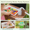 Kids using the recirculating water pump system with sink and faucet on the Fir Wood Mud Farm Playset for hands-on.