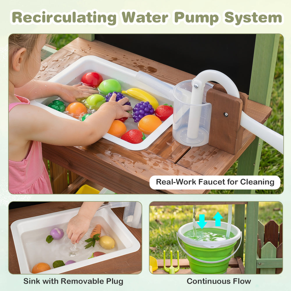 Kids using the recirculating water pump system with sink and faucet on the Fir Wood Mud Farm Playset for hands-on.