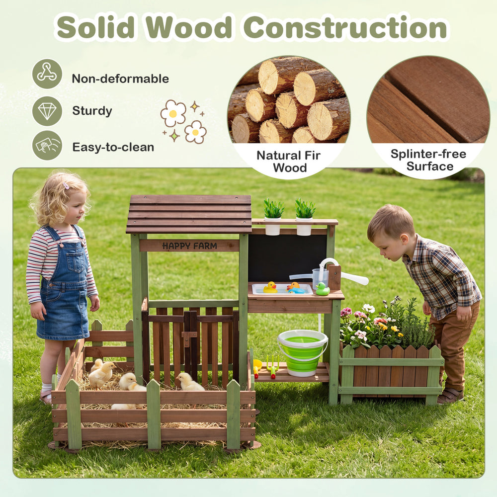 Fir wood mud farm playset with planter box, faucet, and lockable yard, promoting hands-on learning for kids 3+.