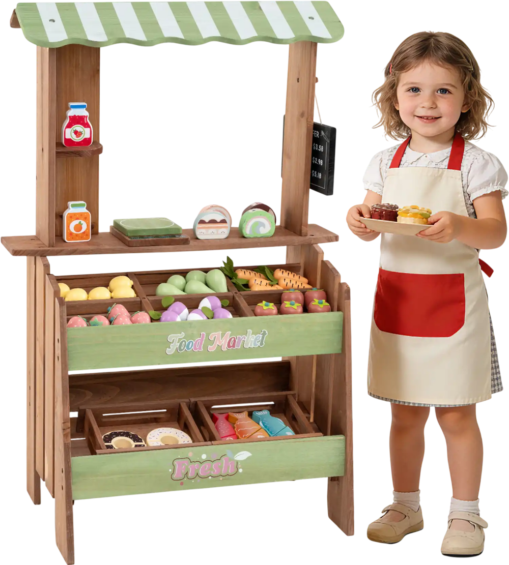 Wooden Grocery Store with Chalkboard and Accessories Montessori Toy for 3+ Kids