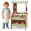 Wooden grocery store playset with chalkboard and accessories, featuring 6 compartments for organized pretend play.