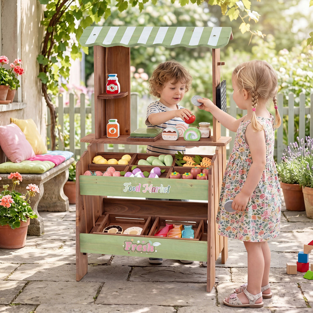 Wooden grocery store with accessories for kids, featuring 6 compartments and a chalkboard for imaginative role-play.