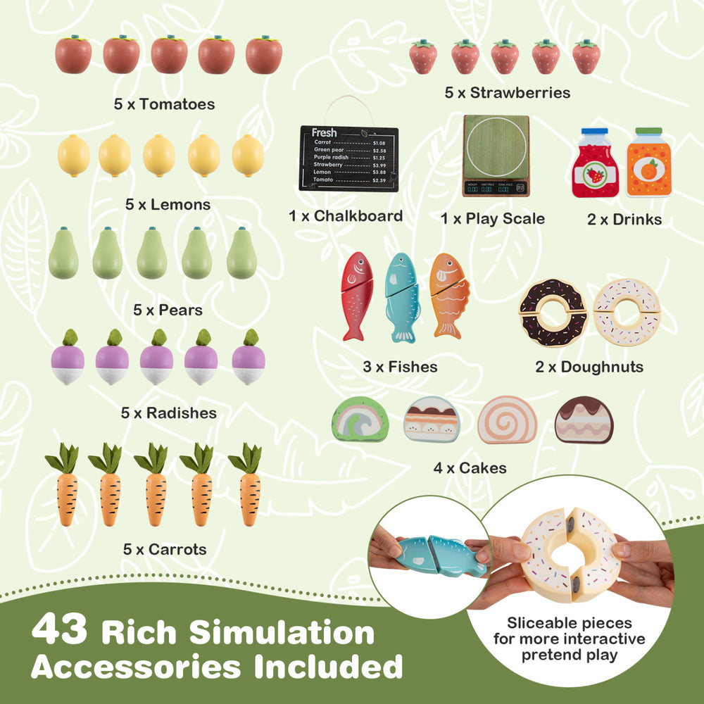 Wooden grocery store accessories including fruits, vegetables, and sliceable pieces for interactive pretend play.