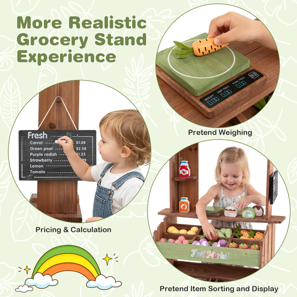 Wooden grocery store toy with chalkboard, accessories, and pretend weighing for interactive role-play and math learning.