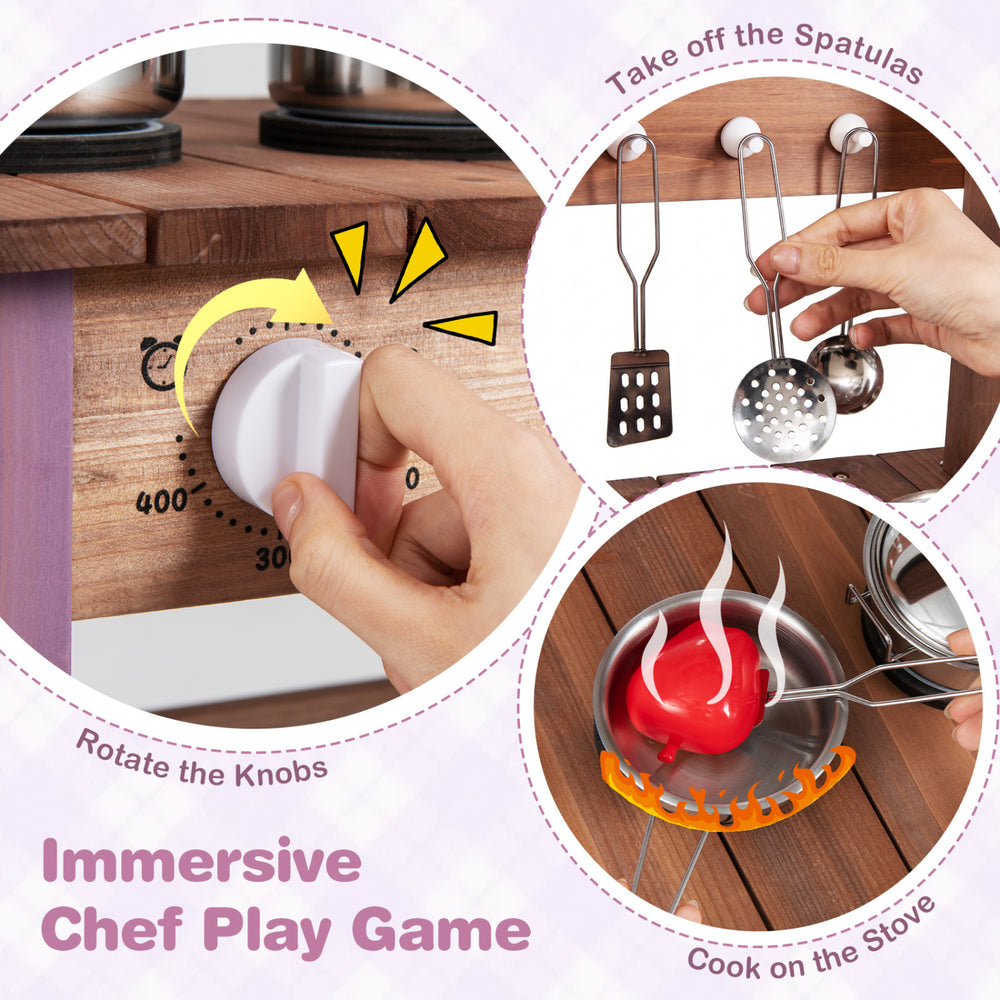 Wooden Mud Kitchen Set in purple with working faucet, knobs, spatulas, and cooking accessories for immersive play.
