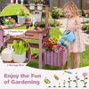 Wooden mud kitchen set with running water faucet, featuring a side planter box, plastic pots, and gardening tools for.