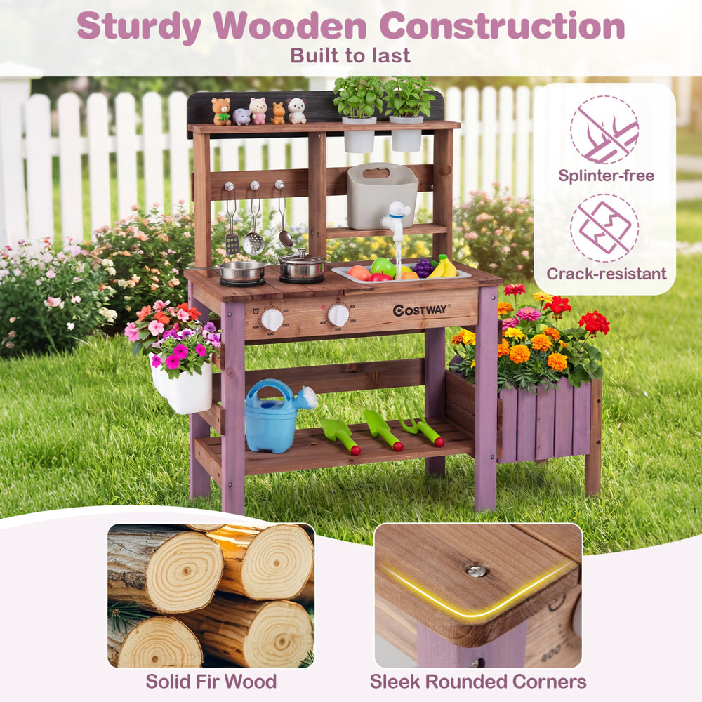 Wooden Mud Kitchen Set in purple with working faucet, sturdy fir wood, and ample storage for immersive play and.