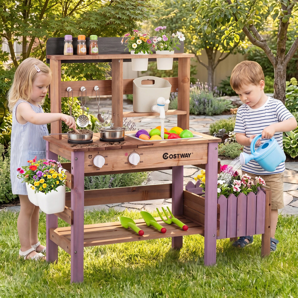 Wooden Mud Kitchen Set with Running Water Faucet Tank-Purple - Gallery View 1 of 11